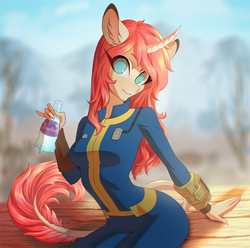 Size: 1280x1270 | Tagged: safe, artist:glorious-rarien, oc, oc only, oc:tarot, classical unicorn, unicorn, anthro, anthro oc, bottle, clothes, cloven hooves, commission, curved horn, digital art, fallout, fallout 4, female, floppy ears, horn, jumpsuit, leonine tail, long mane, long tail, looking at you, mare, no pupils, nuka cola, nuka cola quantum, palomino, pink mane, pipboy, sitting, smiling, solo, unshorn fetlocks, vault suit, ych result