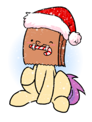 Size: 600x800 | Tagged: safe, artist:paperbagpony, oc, oc:paper bag, blushing, candy, candy cane, cane, christmas, food, hat, holiday, one eye closed, paper bag, santa hat, snow, snowfall, wink