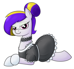 Size: 1216x1126 | Tagged: safe, artist:moonatik, oc, oc only, oc:daylily, earth pony, pony, bedroom eyes, clothes, commission, dress, eyeshadow, female, gloves, hair bun, looking at you, lying down, maid, makeup, mare, seductive pose, simple background, smiling, solo, transparent background
