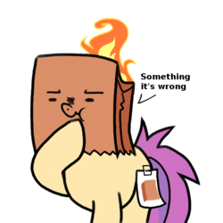 Size: 550x550 | Tagged: safe, artist:paperbagpony, oc, oc only, oc:paper bag, earth pony, pony, :t, covered cutie mark, fake cutie mark, female, fire, frown, grammar error, mare, on fire, paper bag, scrunchy face, simple background, solo, something is not right, thinking, wat, white background