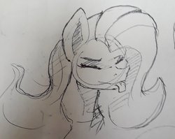 Size: 752x598 | Tagged: safe, artist:post-it, fluttershy, pegasus, pony, g4, bust, eyes closed, female, ink drawing, mare, monochrome, portrait, simple background, sketch, smiling, solo, tongue out, traditional art, white background