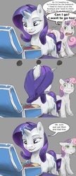 Size: 1280x2964 | Tagged: safe, artist:silfoe, rarity, sweetie belle, pony, unicorn, royal sketchbook, g4, :t, comic, cutie mark, duo, female, filly, gray background, magic, mare, packing, poker face, siblings, simple background, sisters, suitcase, telekinesis, the cmc's cutie marks, yelling