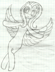 Size: 1284x1675 | Tagged: safe, artist:mfg637, fluttershy, pony, g4, female, flying, graph paper, lined paper, pencil drawing, simple background, sketch, solo, spread wings, traditional art, wings