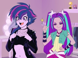 Size: 1600x1200 | Tagged: safe, alternate version, artist:rileyav, edit, aria blaze, twilight sparkle, alicorn, equestria girls, g4, alternate hairstyle, clothes, diamond eyes, duo, eyes closed, eyeshadow, female, jacket, leather jacket, makeup, punklight sparkle, thumbs up, twilight sparkle (alicorn), wingding eyes