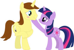 Size: 3569x2400 | Tagged: safe, artist:porygon2z, twilight sparkle, oc, oc:hocus pocus, pony, g4, blushing, canon x oc, female, high res, male, ship:hocusparkle, shipping, simple background, straight, transparent background