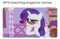 Size: 1408x936 | Tagged: safe, edit, edited screencap, screencap, rarity, pony, g4, suited for success, ..., caption, female, glasses, hmm, hoof on chin, lidded eyes, meme, meta, pouting, solo, thinking