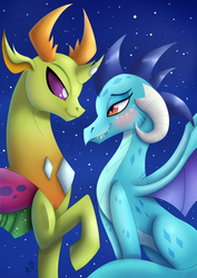 Size: 3259x4605 | Tagged: safe, artist:09hankris, artist:rossmaniteanzu, color edit, edit, princess ember, thorax, changedling, changeling, dragon, g4, blushing, changeling king, colored, dragoness, female, high res, interspecies, king thorax, male, night, raised hoof, ship:embrax, shipping, sitting, stars, straight