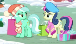 Size: 347x203 | Tagged: safe, screencap, bon bon, lyra heartstrings, sweetie drops, earth pony, pony, unicorn, g4, my little pony best gift ever, bag, beret, clothes, cropped, duo, duo female, female, hat, lidded eyes, looking at each other, looking at someone, mare, present, scarf, shopping bag, striped scarf, winter hat, winter outfit