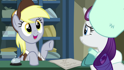 Size: 1280x720 | Tagged: safe, screencap, derpy hooves, rarity, pony, best gift ever, g4, post office