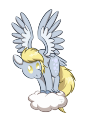 Size: 400x564 | Tagged: safe, artist:inuhoshi-to-darkpen, derpy hooves, pegasus, pony, g4, chibi, cloud, female, mare, no pupils, simple background, solo, spread wings, standing on a cloud, white background, wings