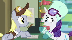 Size: 1280x720 | Tagged: safe, screencap, derpy hooves, rarity, pony, best gift ever, g4, cash register, post office, present