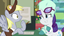 Size: 1280x720 | Tagged: safe, screencap, derpy hooves, rarity, pony, g4, my little pony best gift ever, cash register, post office, present