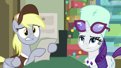 Size: 1280x720 | Tagged: safe, screencap, derpy hooves, rarity, pony, g4, my little pony best gift ever, post office, present