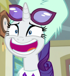 Size: 661x718 | Tagged: safe, screencap, rarity, pony, unicorn, g4, my little pony best gift ever, awkward smile, cropped, faic, female, mare, nervous, open mouth, post office, smiling, solo, sunglasses