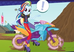 Size: 1098x771 | Tagged: safe, screencap, rainbow dash, equestria girls, equestria girls (app), g4, alternate clothes, alternate hairstyle, cropped, cute, dirt bike, exclamation point, female, game, mud, speech bubble