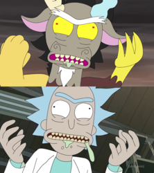 Size: 950x1068 | Tagged: safe, artist:crowneprince, edit, discord, draconequus, human, ponies the anthology vi, g4, comparison, drool, faic, hand, rick and morty, rick sanchez, szechuan sauce