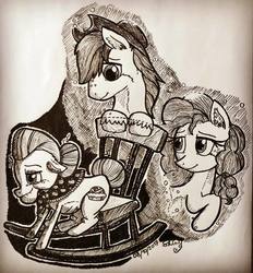 Size: 1080x1164 | Tagged: safe, artist:shinycyan, bright mac, granny smith, pear butter, earth pony, pony, g4, cowboy hat, female, freckles, hat, ink drawing, inktober, male, mare, monochrome, rocking chair, sketch, smiling, stallion, traditional art, unshorn fetlocks