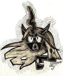 Size: 1080x1320 | Tagged: safe, artist:shinycyan, queen chrysalis, changeling, changeling queen, g4, angry, fangs, female, ink drawing, inktober, looking at you, monochrome, open mouth, raised hoof, screech, sketch, solo, traditional art, villainous breakdown
