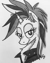 Size: 1080x1350 | Tagged: safe, artist:shinycyan, rarity, pony, unicorn, g4, alternate hairstyle, bust, chest fluff, female, ink drawing, lidded eyes, mare, monochrome, punk, raripunk, sketch, smiling, solo, traditional art