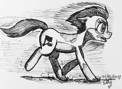 Size: 1080x786 | Tagged: safe, artist:shinycyan, oc, oc only, earth pony, pony, female, floppy ears, ink drawing, inktober, mare, monochrome, running, sketch, solo, traditional art