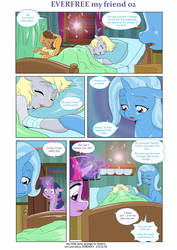 Size: 752x1063 | Tagged: safe, artist:jeremy3, derpy hooves, trixie, twilight sparkle, oc, oc:trissie, alicorn, earth pony, pegasus, pony, unicorn, comic:everfree, comic:everfree my friend, g4, bandage, bed, chair, comic, female, filly, glowing horn, horn, magic, ponyville hospital, this will end in death, this will end in tears and/or death, twilight sparkle (alicorn)