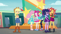 Size: 1920x1080 | Tagged: safe, screencap, applejack, fluttershy, pinkie pie, rainbow dash, sci-twi, sunset shimmer, twilight sparkle, equestria girls, equestria girls specials, g4, my little pony equestria girls: better together, my little pony equestria girls: rollercoaster of friendship, clothes, converse, cotton candy, cute, dashabetes, female, geode of empathy, geode of fauna, geode of sugar bombs, geode of super speed, geode of super strength, geode of telekinesis, magical geodes, shoes, sneakers