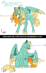 Size: 1024x1620 | Tagged: safe, artist:colourstrike, zephyr breeze, oc, oc:chrysanthos, pegasus, pony, g4, blank flank, blushing, colored hooves, colored wings, colored wingtips, colt, comic, dialogue, duo, fangs, floppy ears, hoof around neck, male, mane styling, missing cutie mark, mouth hold, offspring, parent:big macintosh, parent:fluttershy, parents:fluttermac, scruff, signature, simple background, speech bubble, spread wings, stallion, thought bubble, uncle and nephew, white background, wings