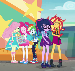 Size: 1133x1079 | Tagged: safe, screencap, fluttershy, pinkie pie, rainbow dash, sci-twi, sunset shimmer, twilight sparkle, equestria girls, equestria girls specials, g4, my little pony equestria girls: better together, my little pony equestria girls: rollercoaster of friendship, clothes, converse, cotton candy, cropped, cute, dashabetes, eyes closed, female, geode of empathy, geode of fauna, geode of sugar bombs, geode of super speed, geode of telekinesis, magical geodes, shoes, sneakers