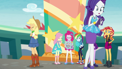 Size: 1920x1080 | Tagged: safe, screencap, applejack, fluttershy, pinkie pie, rainbow dash, rarity, sci-twi, sunset shimmer, twilight sparkle, equestria girls, equestria girls series, g4, rollercoaster of friendship, clothes, converse, cotton candy, female, geode of empathy, geode of fauna, geode of shielding, geode of super speed, geode of super strength, geode of telekinesis, humane five, humane seven, humane six, magical geodes, rarity peplum dress, shoes, sneakers