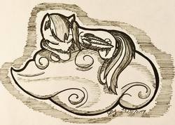 Size: 1080x768 | Tagged: safe, artist:shinycyan, rainbow dash, pegasus, pony, g4, cloud, female, ink drawing, inktober, mare, monochrome, sketch, sleeping, solo, traditional art