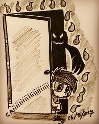 Size: 1080x1350 | Tagged: safe, artist:shinycyan, pipsqueak, earth pony, pony, g4, colt, door, ink drawing, inktober, male, monochrome, shadow, sketch, traditional art