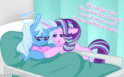 Size: 800x500 | Tagged: safe, artist:eve-of-halloween, starlight glimmer, trixie, oc, oc:pixie shine, pony, unicorn, hallowverse, g4, alternate universe, baby, baby pony, bed, duo, female, hallowverse:pixie shine, hospital bed, lesbian, magical lesbian spawn, mare, offspring, parent:starlight glimmer, parent:trixie, parents:startrix, ship:startrix, shipping