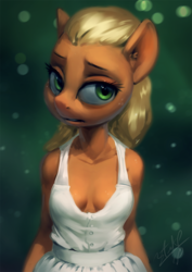 Size: 765x1080 | Tagged: safe, artist:assasinmonkey, applejack, earth pony, anthro, g4, alternate hairstyle, breasts, clothes, digital painting, dress, female, mare, solo, white dress