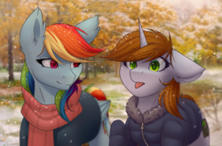 Size: 2150x1422 | Tagged: safe, artist:wingell, rainbow dash, oc, oc:littlepip, pegasus, pony, unicorn, fallout equestria, :p, canon x oc, catching snowflakes, clothes, cutie mark, dashite, ear fluff, fanfic, fanfic art, female, horn, lesbian, mare, pipdash, scarf, shipping, silly, snow, snowfall, time travel, tongue out, tree, wings