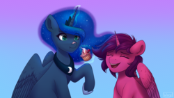 Size: 2667x1500 | Tagged: safe, artist:wingell, princess luna, oc, alicorn, pony, g4, abstract background, alicorn oc, cupcake, duo, ethereal mane, food, glowing horn, hoof shoes, horn, magic, starry mane, telekinesis, ych result