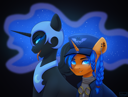Size: 1430x1080 | Tagged: safe, artist:wingell, nightmare moon, oc, oc:eissen, alicorn, pony, unicorn, g4, black background, braid, duo, ethereal mane, goggles, hat, simple background, sombra eyes, starry mane, tongue out, ych result