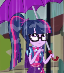 Size: 950x1080 | Tagged: safe, screencap, sci-twi, twilight sparkle, equestria girls, g4, monday blues, my little pony equestria girls: summertime shorts, backpack, clothes, cropped, cute, female, geode of telekinesis, glasses, looking up, magical geodes, ponytail, smiling, solo, twiabetes, umbrella, wet hair