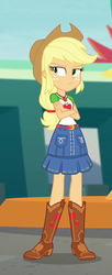 Size: 385x945 | Tagged: safe, screencap, applejack, equestria girls, equestria girls series, g4, rollercoaster of friendship, applejack's hat, boots, clothes, cowboy boots, cowboy hat, cropped, crossed arms, denim skirt, female, freckles, hat, legs, skirt, stetson