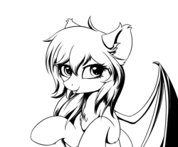 Size: 1555x1286 | Tagged: safe, artist:konyjay, artist:krash42, oc, oc only, bat pony, pony, black and white, chest fluff, fangs, female, grayscale, mare, monochrome, simple background, solo, tongue out, white background
