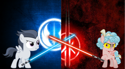 Size: 3692x2052 | Tagged: safe, artist:jawsandgumballfan24, cozy glow, rumble, pegasus, pony, g4, colt, female, filly, grin, high res, jedi, jedi knight, lightsaber, looking at you, male, raised eyebrow, raised hoof, sith, smiling, smirk, star wars, starry eyes, weapon, wingding eyes