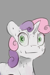 Size: 331x498 | Tagged: safe, artist:silfoe, edit, sweetie belle, pony, unicorn, g4, :t, cropped, female, filly, gray background, looking at you, poker face, polite cat, reaction image, simple background, solo, sweat, sweating profusely
