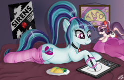 Size: 3472x2235 | Tagged: safe, artist:sethisto, sonata dusk, pony, siren, g4, bed, bedroom, clothes, drawing, female, food, high res, hoof strap, long socks, pillow, plushie, ponified, smiling, socks, solo, sonataco, striped socks, tablet, taco, that girl sure loves tacos, that pony sure does love tacos, that siren sure does love tacos