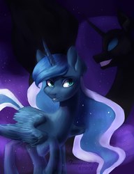 Size: 1662x2160 | Tagged: safe, artist:rimmes-broose, nightmare moon, princess luna, alicorn, pony, g4, duality, ethereal mane, female, mare, missing accessory, starry mane