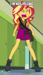Size: 982x1690 | Tagged: safe, edit, edited screencap, screencap, sunset shimmer, equestria girls, equestria girls specials, g4, my little pony equestria girls: better together, my little pony equestria girls: forgotten friendship, blatant lies, caption, clothes, dialogue, female, geode of empathy, image macro, magical geodes, meme, solo, text, yelling