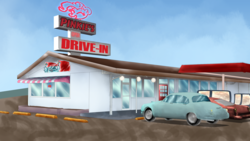 Size: 1920x1080 | Tagged: safe, artist:chiptunebrony, pinkie pie, earth pony, pony, g4, 1950s, 50s, building, car, diner, parody, restaurant, retro, scenery, sign