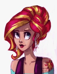 Size: 1677x2160 | Tagged: safe, artist:rimmes-broose, sunset shimmer, human, g4, alternate hairstyle, clothes, ear piercing, earring, female, humanized, jewelry, piercing, simple background, solo, white background