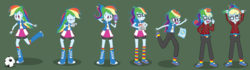 Size: 6391x1800 | Tagged: safe, artist:magerblutooth, rainbow dash, equestria girls, g4, a+, acne, boots, braces, chips, clothes, commission, eyes closed, fanny pack, food, football, game boy, glasses, grades, high heel boots, high res, mental shift, messy hair, mirror, nerd, nerdification, open mouth, pants, pencil, personality change, plaid shirt, pointing, rainbow dork, sandals, shoes, show accurate, simple background, sports, sweatpants, tongue out, transformation, transformation sequence, transforming clothes, tripping, vector, zit