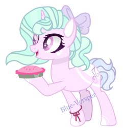 Size: 1024x1061 | Tagged: safe, artist:jxst-blue, oc, oc only, oc:nellie starlight, pony, unicorn, bow, female, food, hair bow, mare, pie, signature, simple background, solo, transparent background