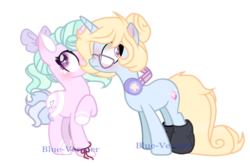 Size: 1024x680 | Tagged: safe, artist:jxst-blue, oc, oc only, oc:love shield twinkle, oc:nellie starlight, pony, unicorn, base used, bow, clothes, female, glasses, hair bow, headphones, mare, simple background, socks, transparent background