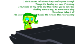 Size: 1024x608 | Tagged: safe, artist:didgereethebrony, oc, oc only, oc:boomerang beauty, equestria girls, abba, base used, clothes, dress, eyeshadow, lipstick, lyrics, makeup, musical instrument, piano, singing, solo, song reference, text, the winner takes it all
